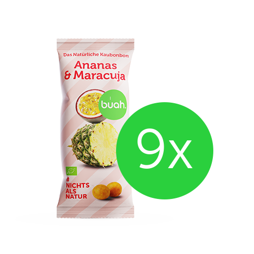 Produktbild Verpackung Ananas-Maracuja Kaubonbons von buah