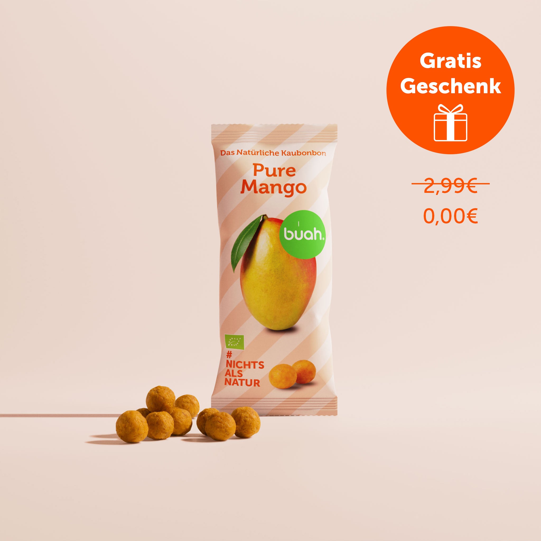 buah birthday, 10 Jahre buah, Gratis Geschenk Badge auf Abbildung des buah Mango Kaubonbon vor orangenem Hintergrund