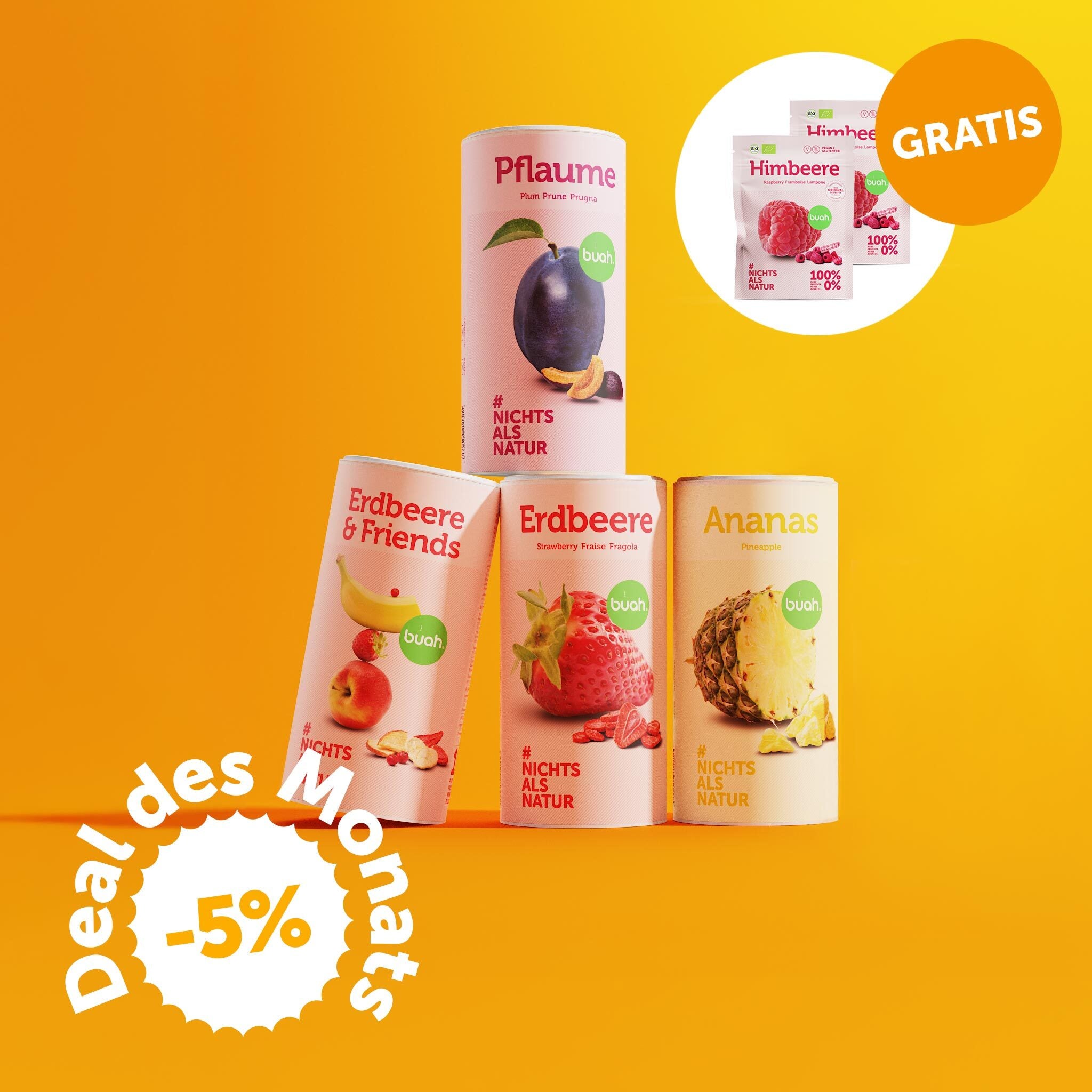 buah Aktions-Set mit vier buah Dosen in Zylinderform nebeneinander stehend. Pflaume, Erdbeere, Ananas und Erdbeere&Friends, 5 % Rabatt als Badge zu sehen, 2 Snackpack Himbeere Gratis