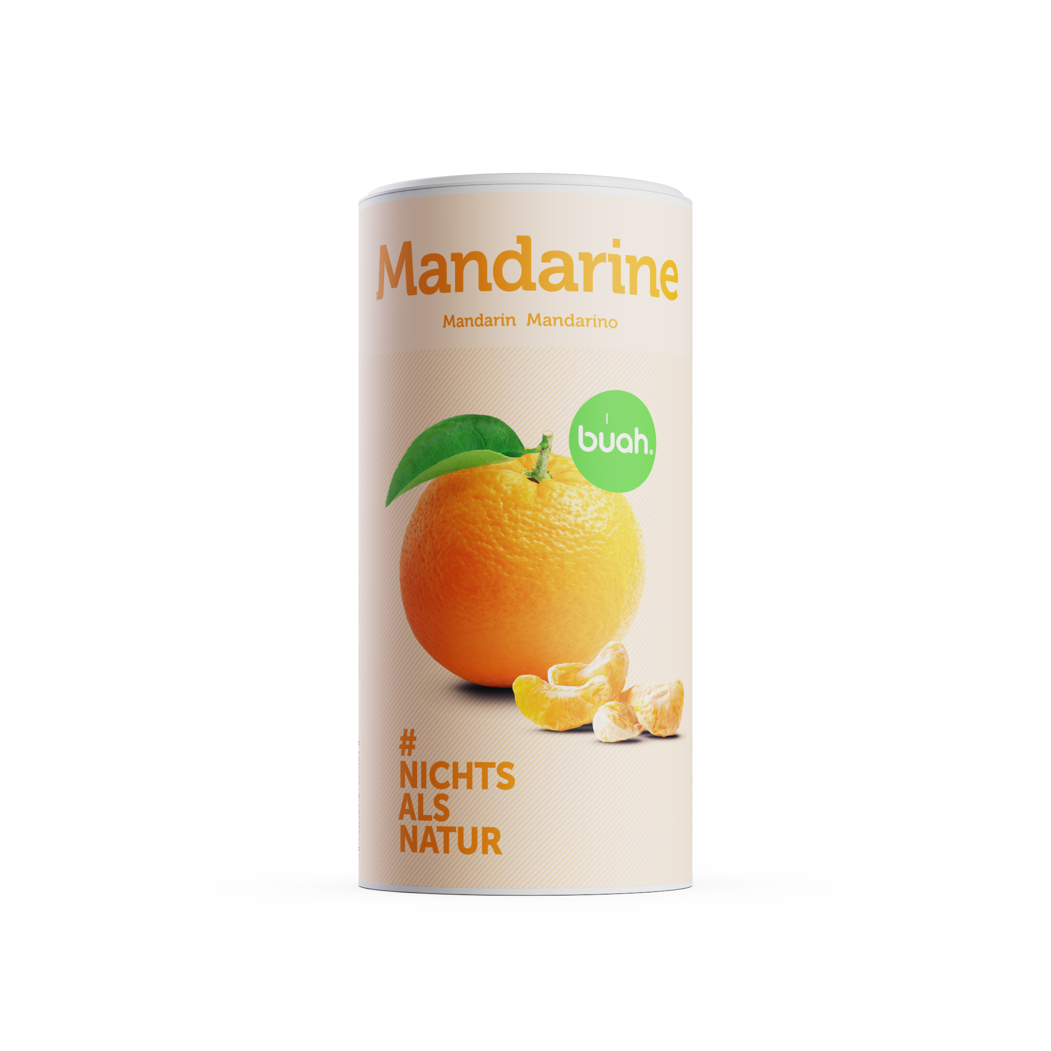 Freisteller Bild buah gefriergetrocknete Mandarine in der großen, zylinderförmigen Dose in hellem Orange mit einer Mandarine auf der Verpackung