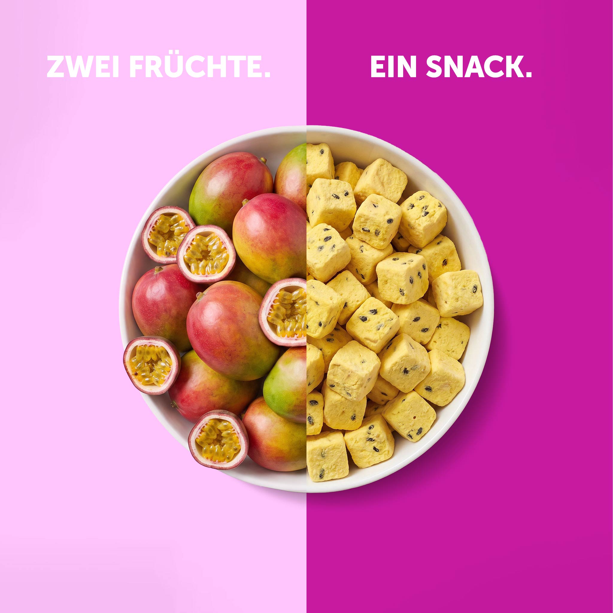 Die Draufsicht auf eine weiße Schüssel, die zur Hälft prall gefüllt ist mit quadratischen, buah gefriergetrockneten Fruchtwürfeln der Sorte Mango & Maracuja und die andere Hälfte ist gefüllt mit frischen Mangos und Maracuja, platziert auf einem rosafarbenen Hintergrund.
