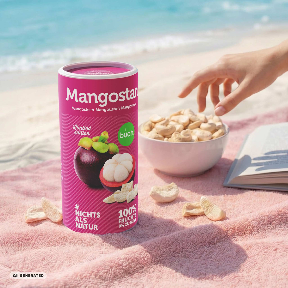 Eine sommerliche Strandszene. Eine Dose buah gefriergetrocknete Mangostan und eine weiße Schale mit Fruchtstücken stehen auf einem rosafarbenen Handtuch im Sand. Daneben liegen eine lila Strohtasche und ein Buch vor blauem Meerwasser.