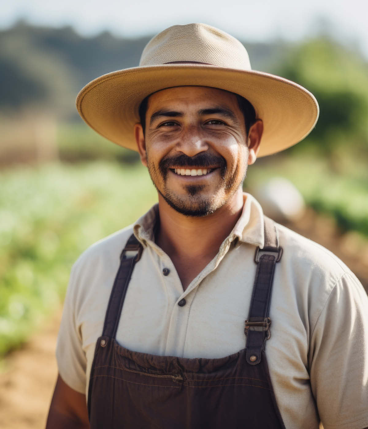 Farmer mit weissem Polo Shirt und blauer Latzhose lacht in die Kamera