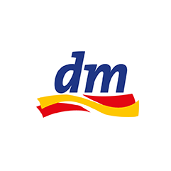 Logo der Firma DM Österreich in blau, rot und gelb, buah im Handel