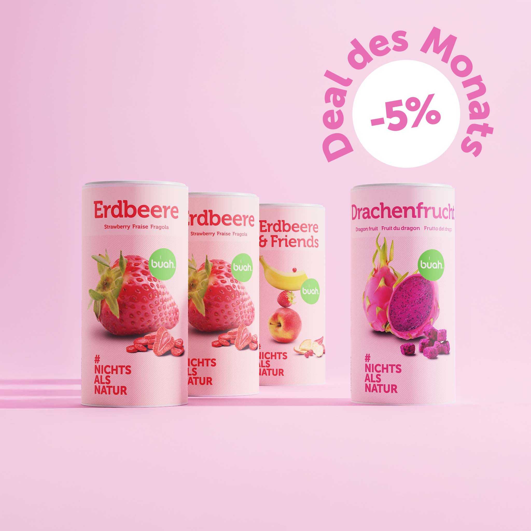 2 Dosen buah gefriergetrocknete Erdbeere neben einer Dose buah Erdbeere&Friends, daneben neue buah Drachenfrucht Dose - Badge mit 5% und Deal des Monat ueber den Dosen