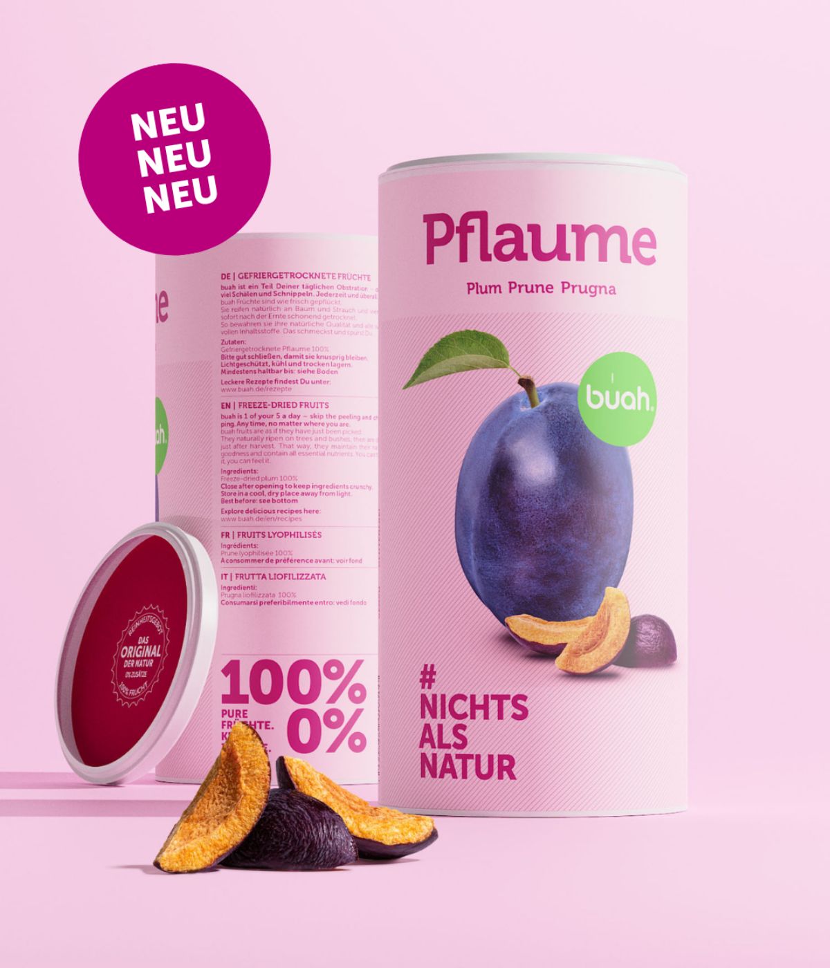 buah Instagram Posting, Bild der Dose buah gefriergetrocknete Pflaume mit dem Badge NEU