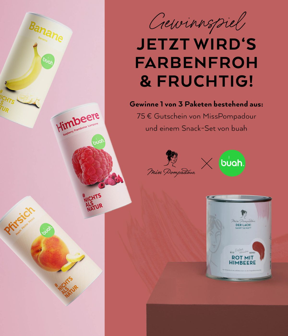 buah Instagram Posting, buah Dosen vor buntem Hintergrund, Kooperation mit Miss Pompadour und rotem Farbeimer im Bild
