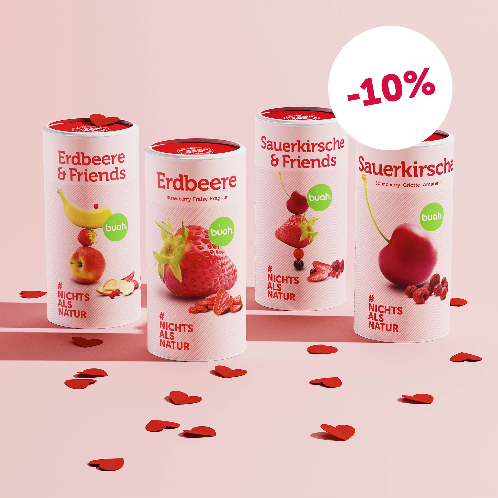 buah Lover-Set zum Valentinstag mit den Sorten Erdbeere & Friends, Erdbeere, Sauerkirsche & Friends und Sauerkirsche mit 10% Rabatt bei buah