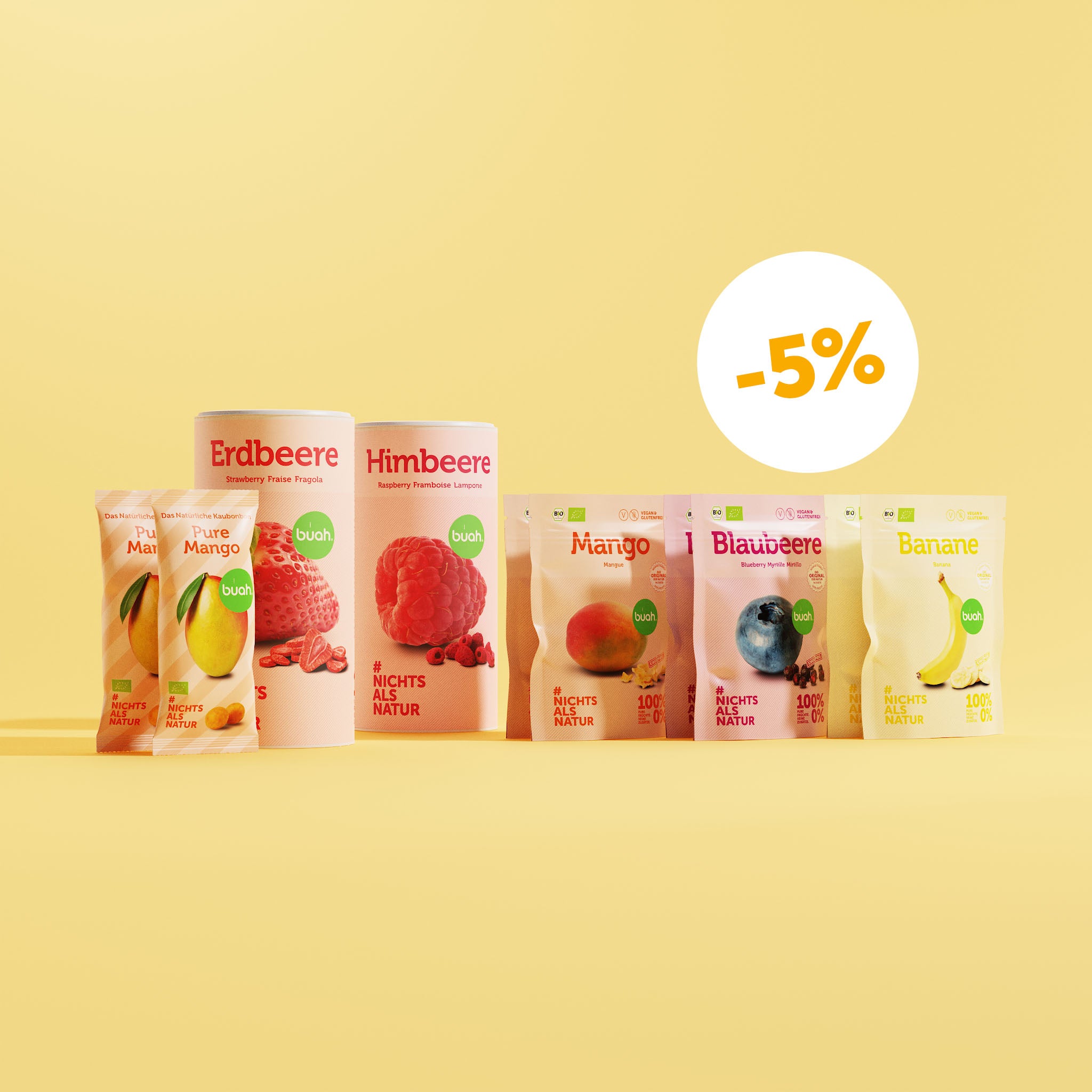 buah Morningpower-Set mit buah gefriergetrockneter Erdbeere, Himbeere, Mango, Blaubeere, Banane und Kaubonbons Mango