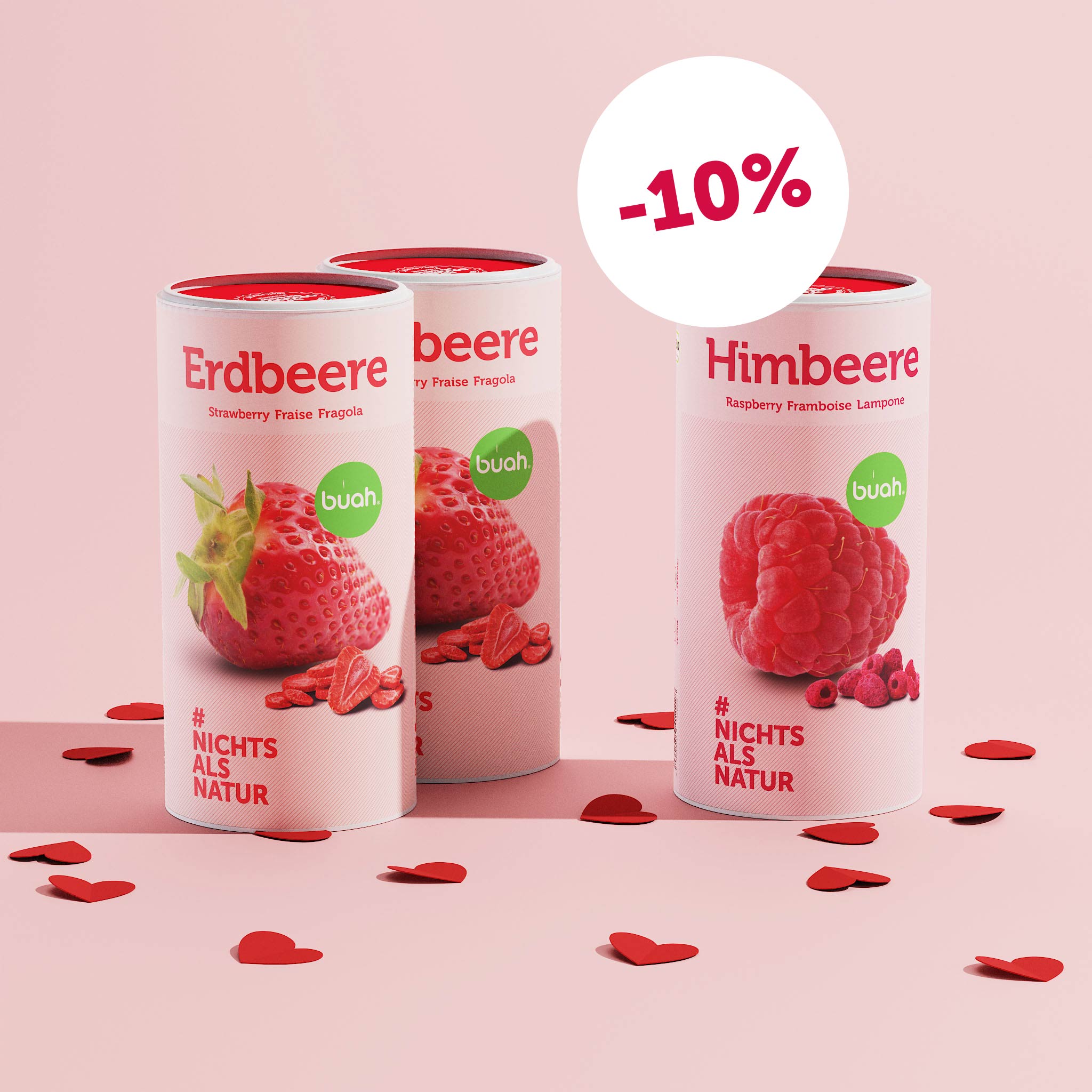 buah Valentines-Set zum Valentinstag mit den Sorten Erdbeere und Himbeere mit 10% Rabatt bei buah, dekoriert mit Herzen