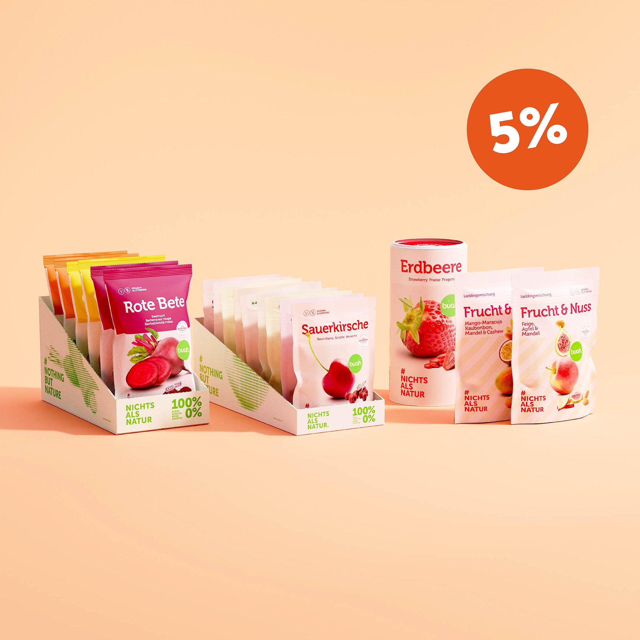 buah Vitaminpower Set mit Gemuesechips, Snackpacks, große Dose buah Erdbeere und Frucht & Nuss buah Mischungen