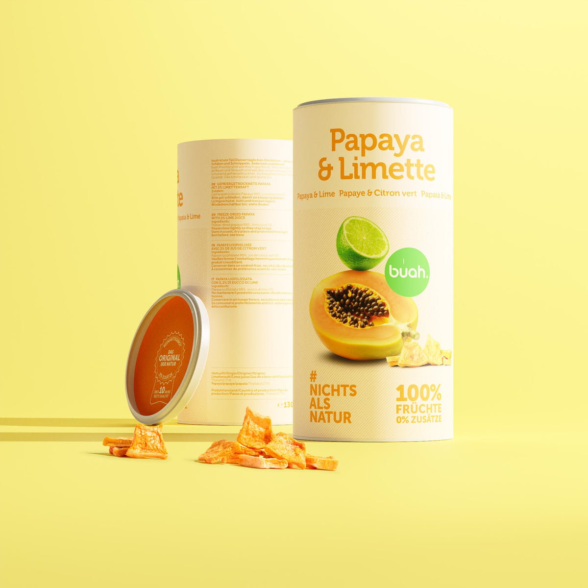 Aufrecht stehende buah-Dosen „Papaya & Limette“ Vorder- und Rückseite mit gefriergetrockneter Papaya und 2 % Limettensaft; sichtbar: 
