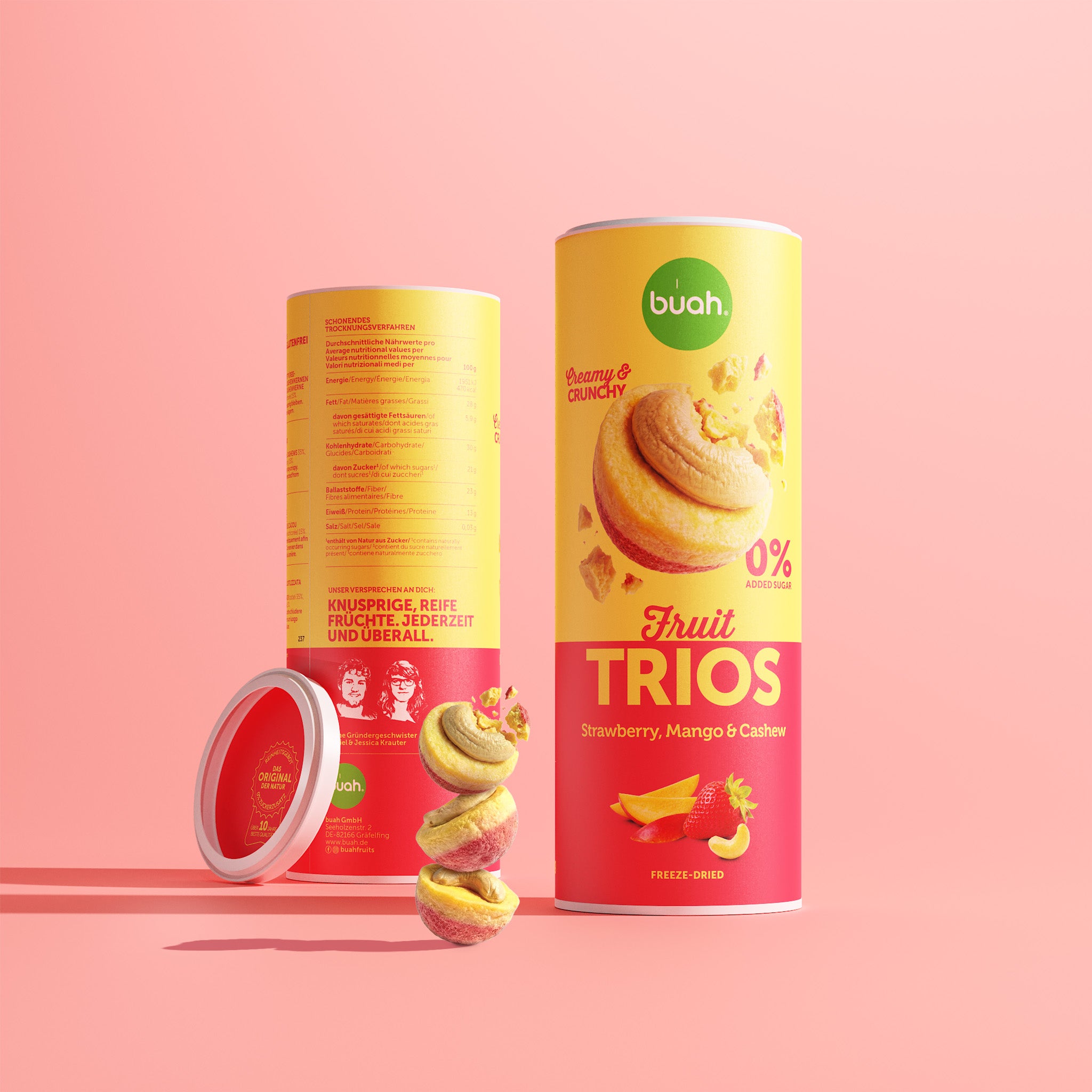 Neue Buah Trios Erdbeere, Mango & Cashew – Vorder- und Rückseite der Dose sowie knusprige Trios mit Crunch.